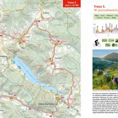 Mapa turystyczna Beskidu Niskiego z zaznaczoną trasą rowerową "W poszukiwaniu ropy".