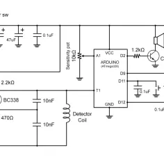 Schemat prostego wykrywacza metali z Arduino, tranzystorem BC338 i cewką detektora.