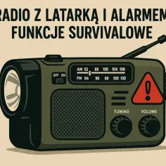 Zielone radio survivalowe z latarką, alarmem i pokrętłami strojenia i głośności. Idealne na wypadek awarii.