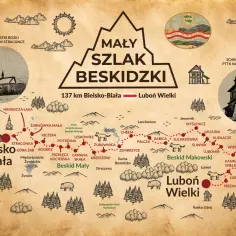 Mapa turystyczna "Mały Szlak Beskidzki" z zaznaczonymi trasami, miejscowościami i atrakcjami, od Bielska-Białej po Luboń Wielki.