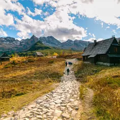 Kamienista ścieżka prowadzi przez Rusinową Polanę do drewnianych bacówek. W tle majestatyczne Tatry.
