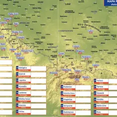 Mapa szczytów Korony Europy. Zaznaczone góry i ich nazwy, np. Śnieżka, Rysy, Babia Góra.