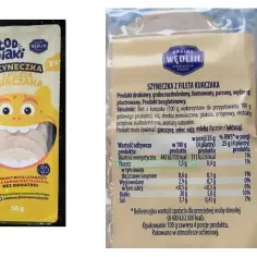 Szyneczka z kurczaka "Głodniaki" w opakowaniu z uśmiechniętym potworkiem. Na etykiecie informacja o wartościach odżywczych, czy woda ma kalorie? Nie, ale ten produkt ma 105 kcal/100g.