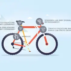 Ilustracja przedstawia rower z zaznaczonymi elementami obowiązkowego wyposażenia roweru: światła, odblaski, hamulec i dzwonek.
