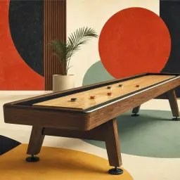 Stylowy stół do shuffleboard z krążkami, otoczony geometrycznymi kształtami i schodami.