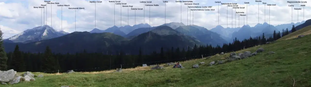 Widok na Tatry z Rusinowej Polany. W oddali majaczą szczyty: Hawrań, Murań, Jagnięcy Szczyt, Gerlach, Wysoka.