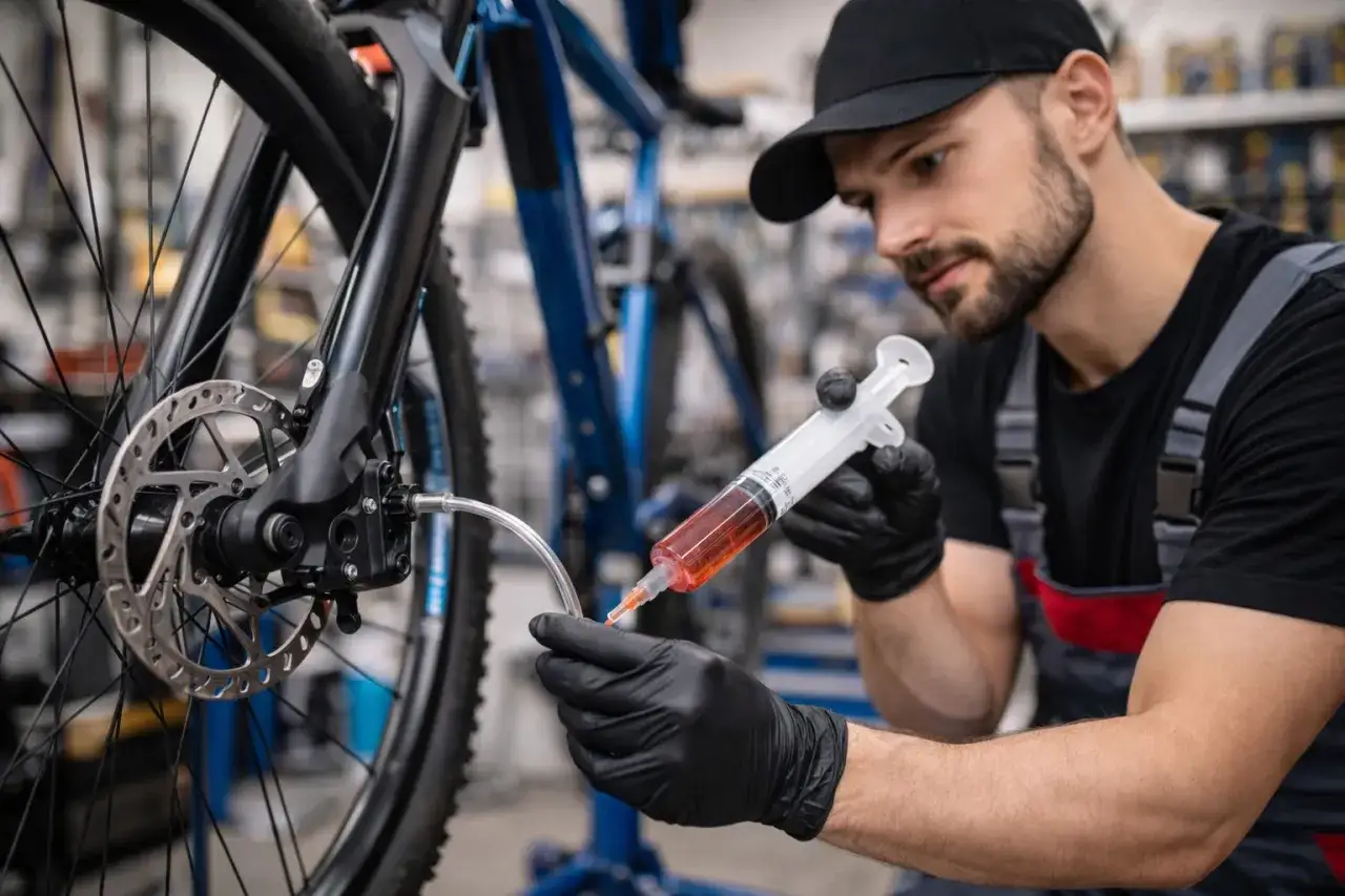 Mechanik w czarnej czapce i ogrodniczkach wykonuje konserwację roweru, używając strzykawki z czerwonym płynem do odpowietrzania hamulców.