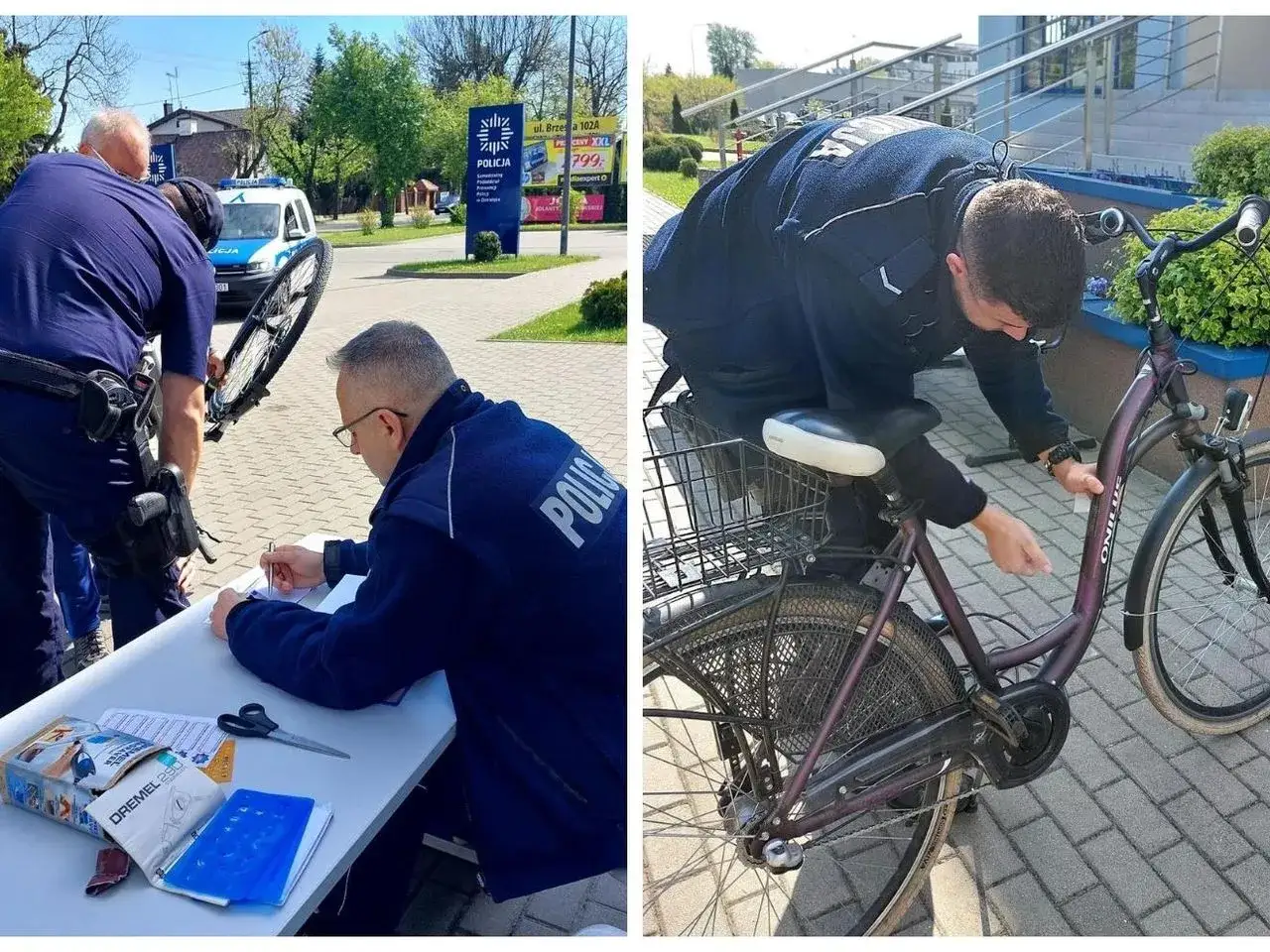 Policjanci przeprowadzają rejestrację roweru, zabezpieczając go przed kradzieżą.