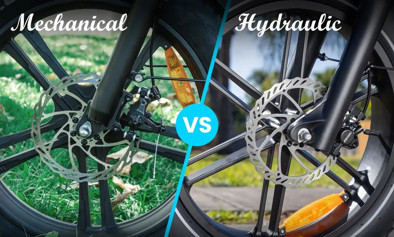 Porównanie rodzajów hamulców rowerowych: mechanicznych z linką i hydraulicznych z płynem.