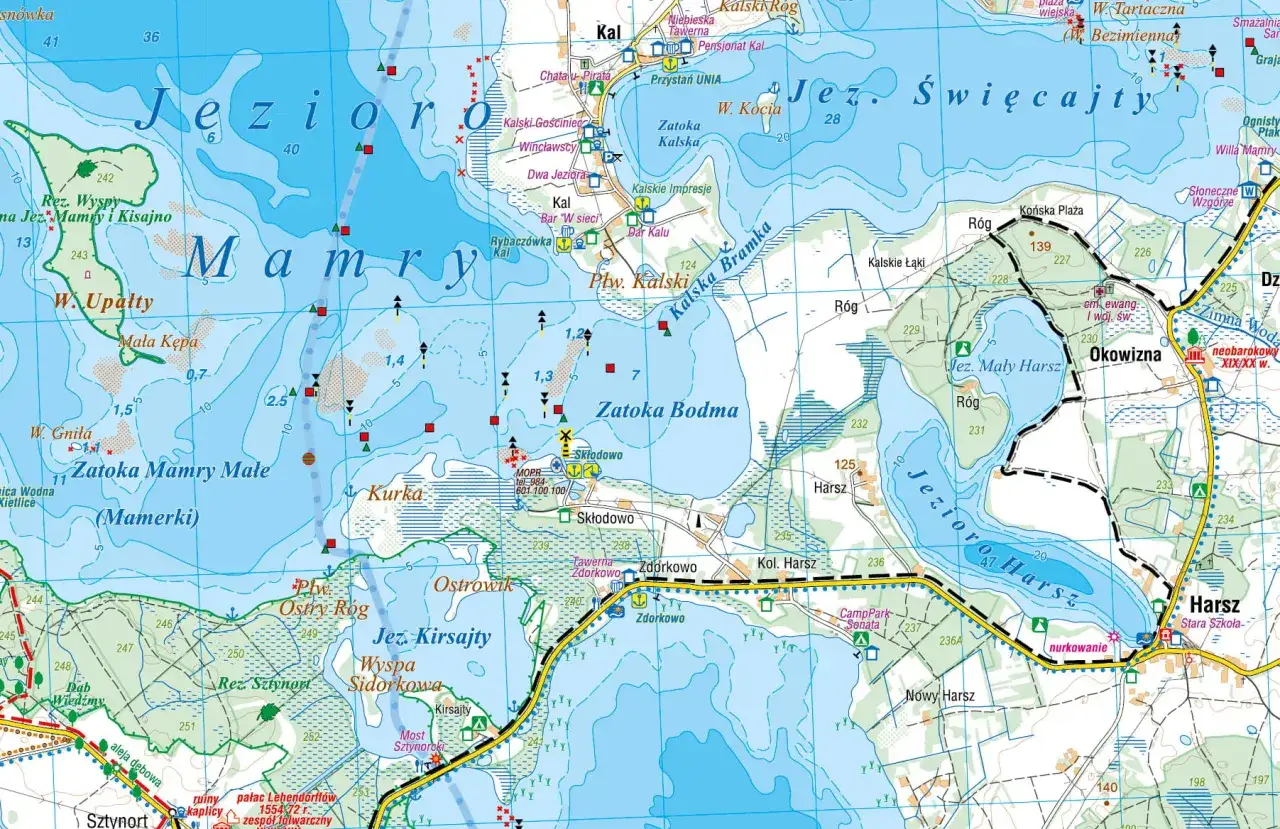 Mapa szlaków wodnych i turystycznych na Mazurach. Gdzie na Mazury? Tu znajdziesz jeziora Mamry, Kirsajty, Harsz i wiele innych atrakcji.