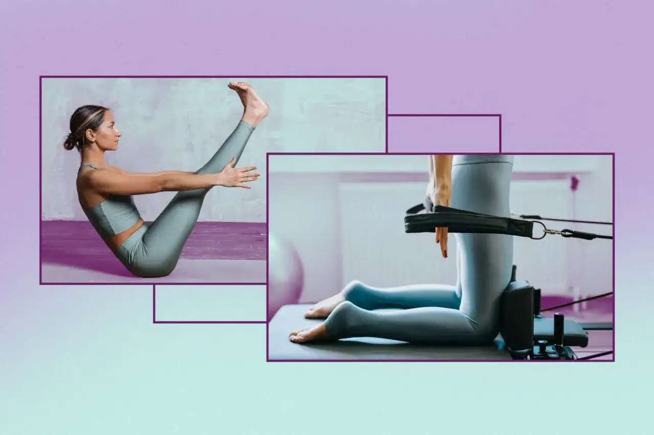 Kobieta ćwiczy pilates na macie i na reformerze. To świetny sposób na wzmocnienie ciała i poprawę postawy.