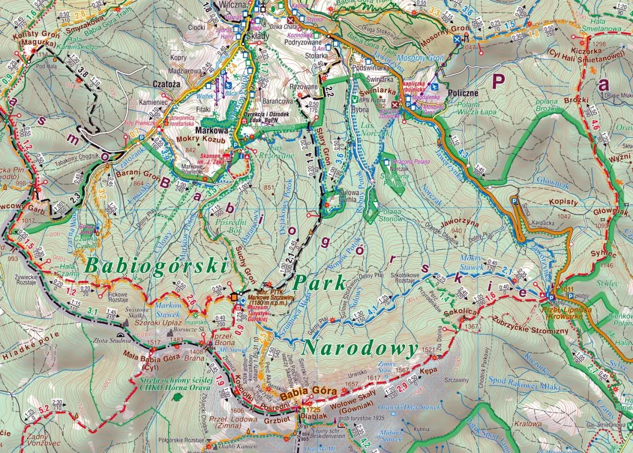 Beskid Żywiecki szczyty: Babia Góra, Mała Babia Góra, Lackowa, Pośredni Groń, Cyl Hali Smietanowej. Mapa turystyczna.