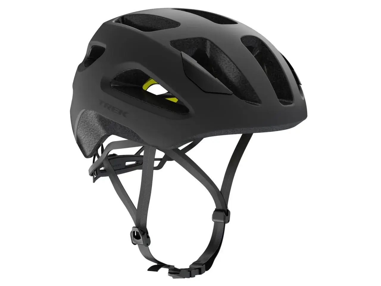 Czarny kask rowerowy Trek z technologią MIPS, zapewniający dodatkową ochronę głowy.