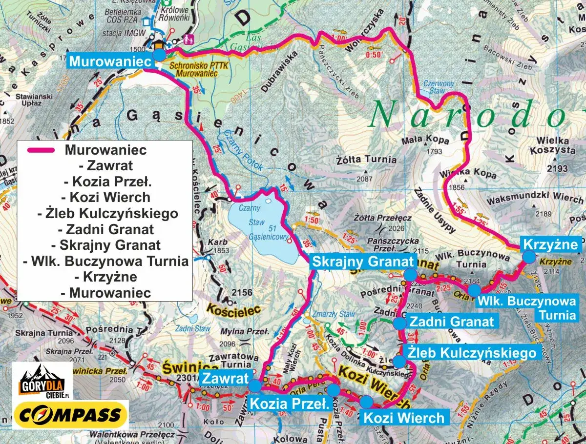 Mapa Tatr z zaznaczoną Orlą Percią, szlakami i szczytami. Widoczna wysokość Orlej Perci to ok. 2100-2300 m n.p.m.