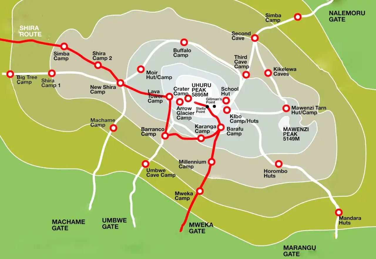 Mapa tras i obozów na Kilimandżaro. Planujesz kilimandżaro wyprawa? Zobacz trasy Shira, Machame, Umbwe, Marangu i Nalemoru.
