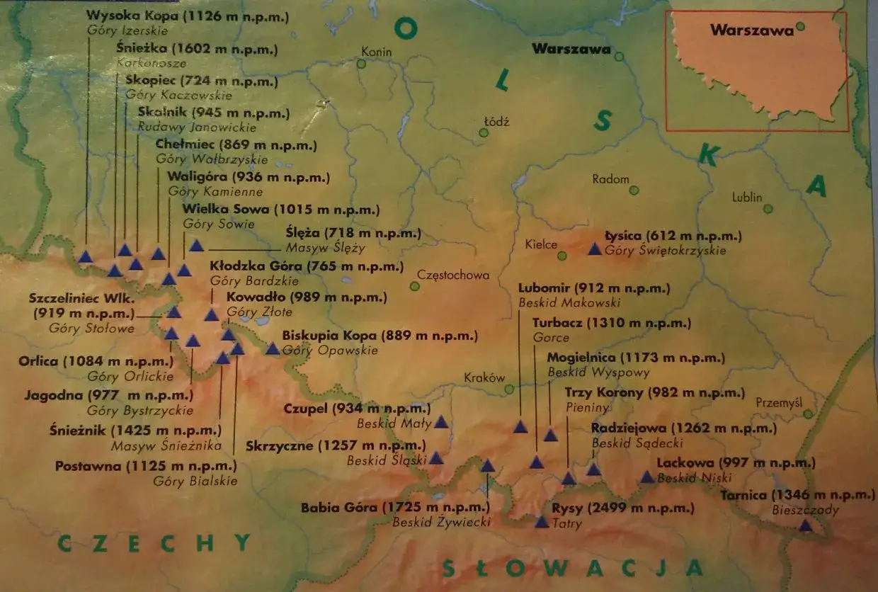 Mapa Polski z zaznaczonymi szczytami i ich wysokościami. Poznaj korona gór polskich ile szczytów zdobyć!