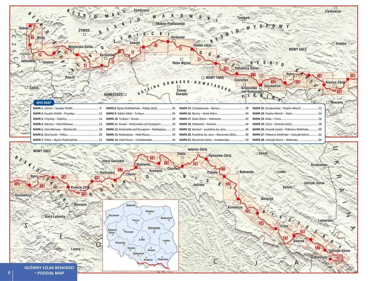 Mapa szlaku GSB, z zaznaczonymi odcinkami i numerami map.