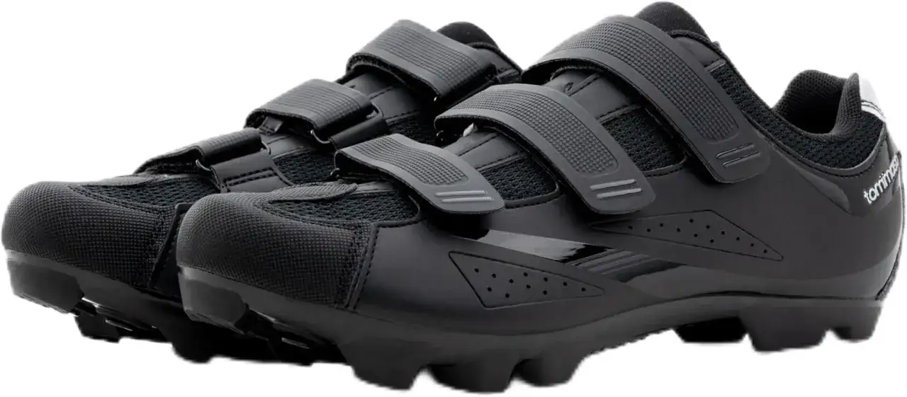 Czarne buty rowerowe SPD z trzema rzepami, idealne na trudne trasy.