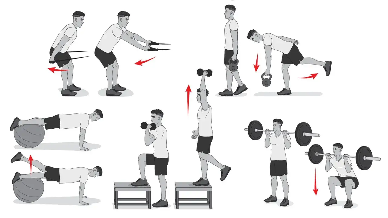 Ilustracje pokazują różne rodzaje ćwiczeń: z gumą, kettlebell, hantlami, na piłce gimnastycznej, na skrzyni oraz ze sztangą.