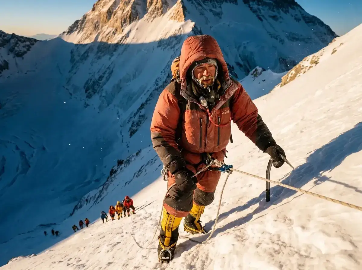Wyprawa na Mount Everest. Wspinacz w pomarańczowej kurtce z lodem na twarzy, z liną w dłoni, wspina się po ośnieżonym zboczu. W tle inni alpiniści.