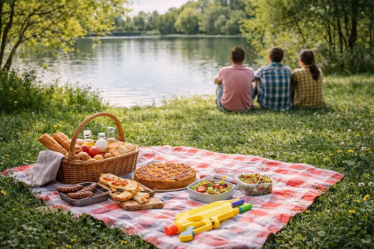 Pyszne jedzenie na piknik nad jeziorem: koszyk z pieczywem, kiełbaski, ciasto, sałatki. Trójka dzieci siedzi tyłem, ciesząc się widokiem.