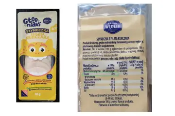 Szyneczka z kurczaka "Głodniaki" w opakowaniu z uśmiechniętym potworkiem. Na etykiecie informacja o wartościach odżywczych, czy woda ma kalorie? Nie, ale ten produkt ma 105 kcal/100g.